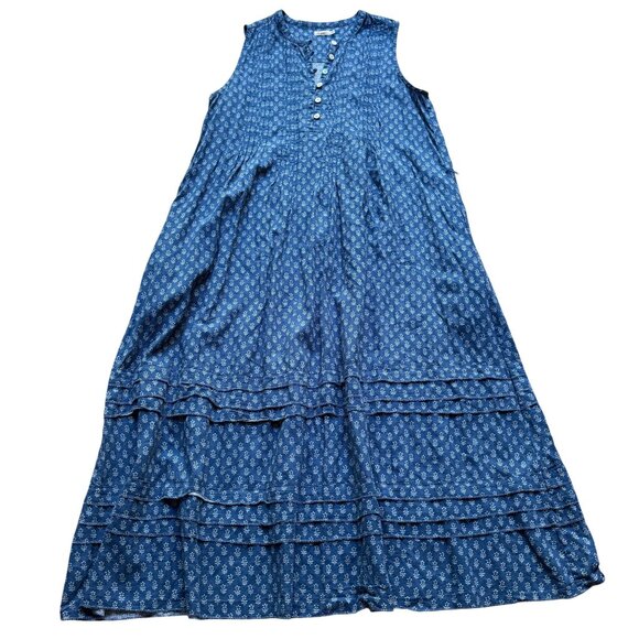 Faherty Size Small Blue Floral Print Linen Blend Sleeveless Pintucked Midi Dress - Picture 1 of 15